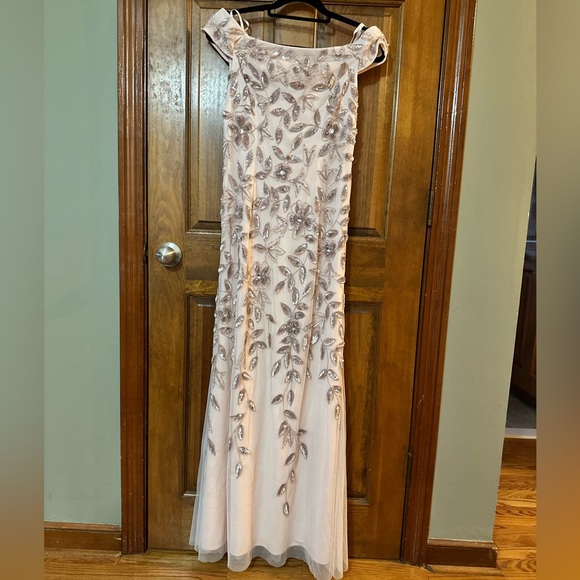 Pink Adrianna Papell size 4 beaded off the shoulder gown - Picture 5 of 5